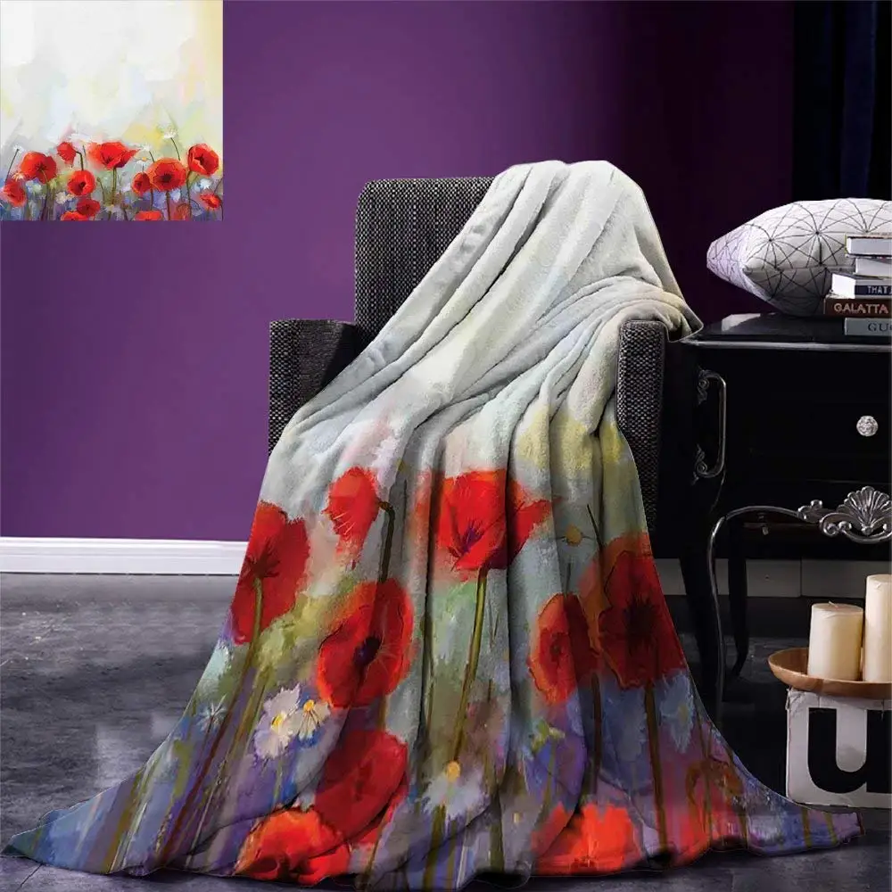 Watercolor Flower Throw Blanket Poppies in Spring Meadow with