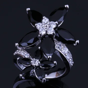 

Silky Star Black Cubic Zirconia White CZ Silver Plated Ring V0516