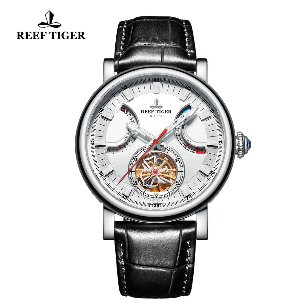 

Reef Tiger/RT Fashion Dress Mens Watches Steel White Dial Sapphire Glass Automatic Watches Black Leather Strap Watch RGA1950