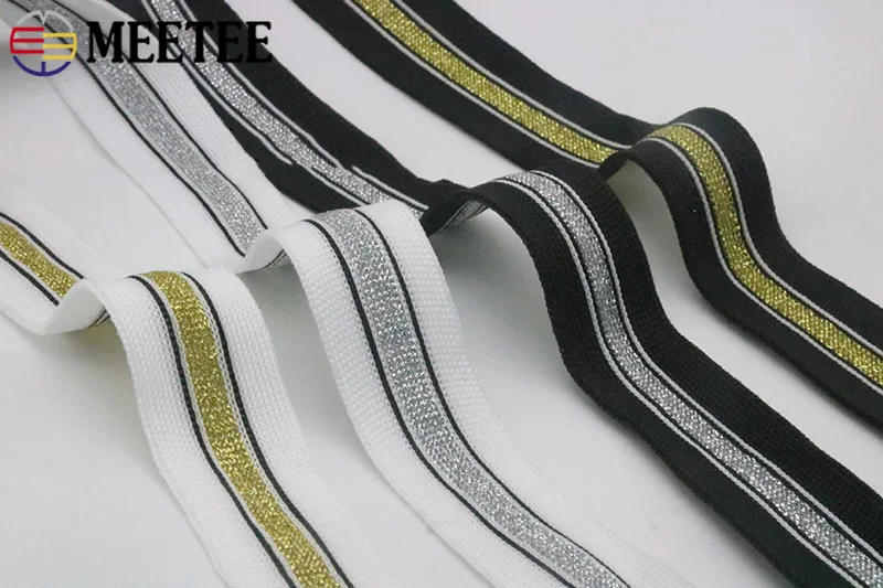 

Meetee 23meter 25mm Polyester Gold Silver stripe Micro-elastic Webbing Lace Trims DIY Cothing Sewing Decorative Accessory RD021