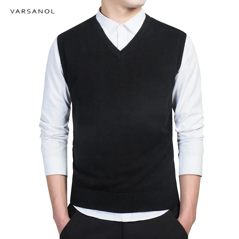 Varsanol, брендовая одежда, пуловер, свитер для мужчин, осень, v-образный вырез, тонкий жилет, свитера, без рукавов, мужской теплый свитер, хлопок, повседневный M-3xl - Цвет: black 7789