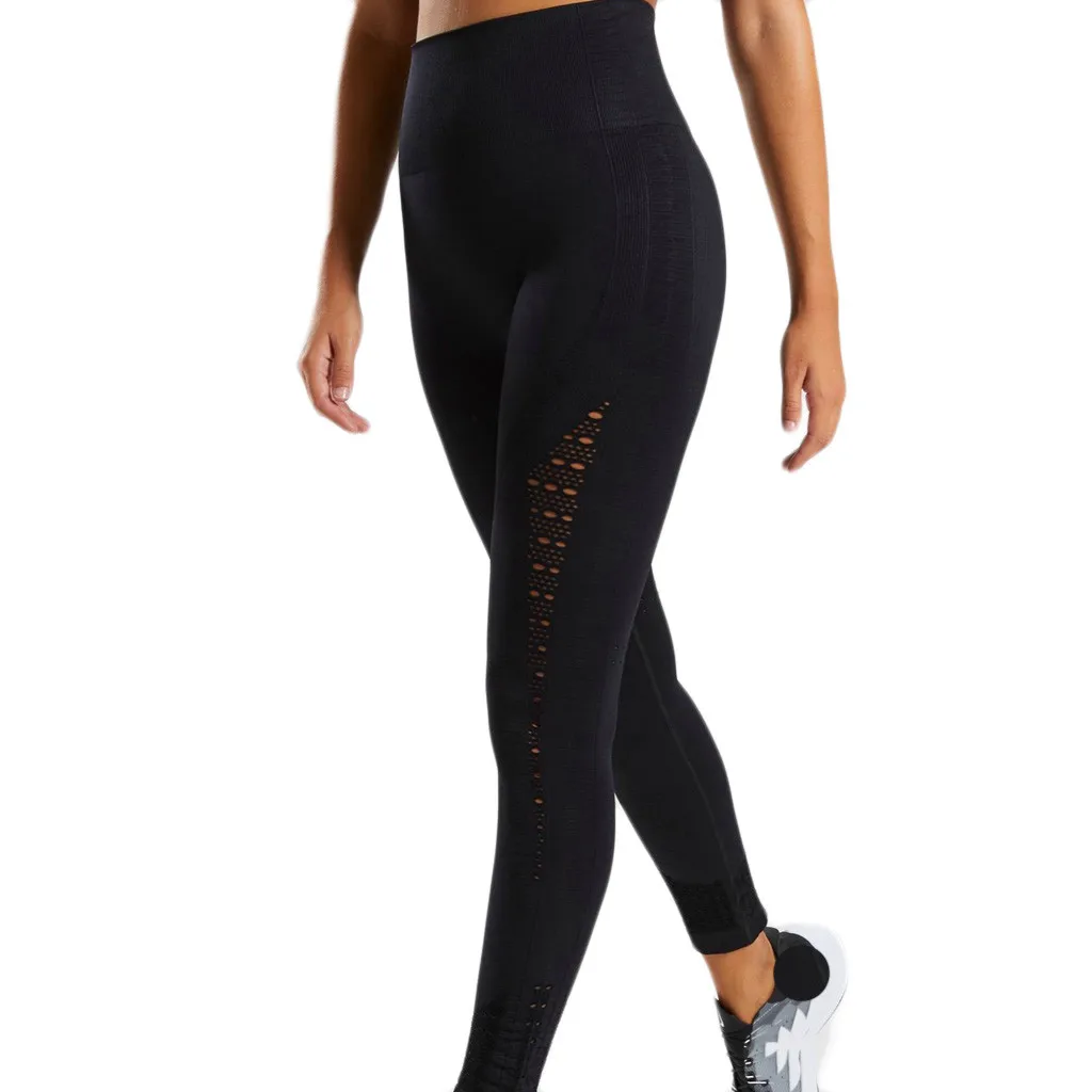 Женские Штаны Для Йоги, высокая талия, спортивная одежда для тренировок, спортивные брюки, женские леггинсы, пуш-ап, с дырочками, одноцветные штаны до щиколотки# G30 - Цвет: Черный