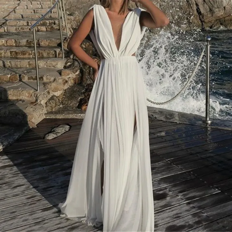 

Women Chiffon High Split Bohemian Dress Summer Casual White Party Dress Sexy Sleeveless Deep V-Neck Maxi Dress