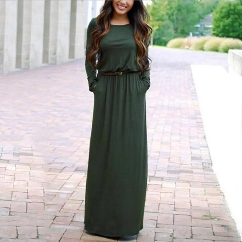 

Autumn Office Women Belt Long Dress Round Collar Pocket Solid Long Sleeve Loose Casual Dresses with Belt Party Elegant Dress