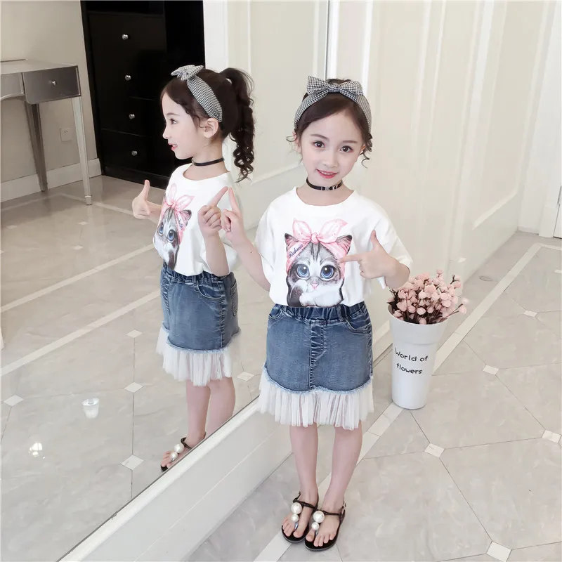 

Summer girls skirt baby denim skirt kids fashion skirt children bottoms streetwear jeans pleated mesh 4 to 14 yrs