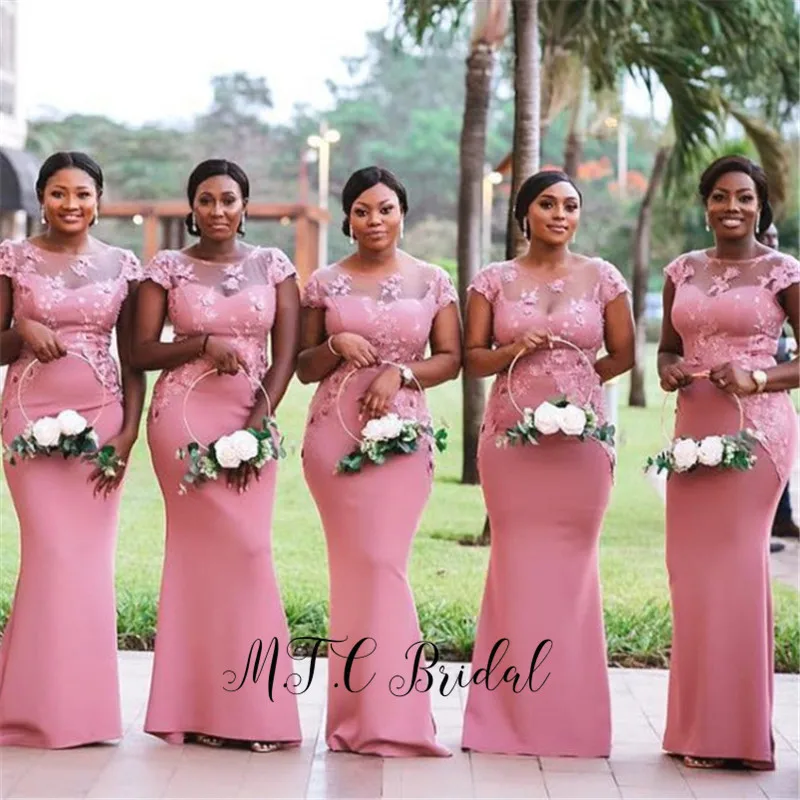 Mermaid African Bridesmaid Dress Short Sleeve Appliques Elastic Satin Long Maid of Honor Gown image 2