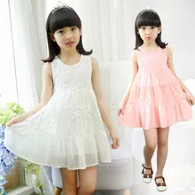 Summer Wear New Children’s Girls Princess Dress Sleeveless Kids Clothing White Pink Blue Lace Cotton