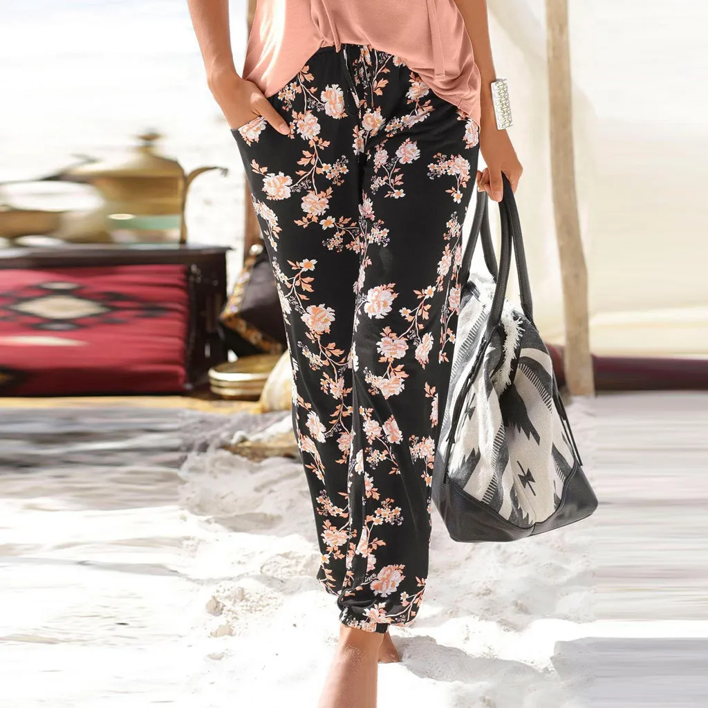 

Women Pants Casual Trousers 2019 Women Bohemian Fashion Flowers Printed Wide Leg Pants Straight Trousers Female FB