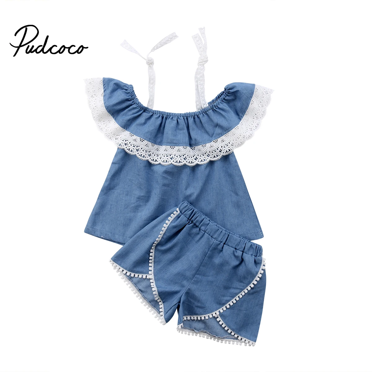 2018 Brand New Toddler Kids Baby Girl Cute Summer 2PCS Sets Off Shoulder Blue Lace Belt T-Shirts Tops Solid Shorts Clothes 1-6T | Мать и