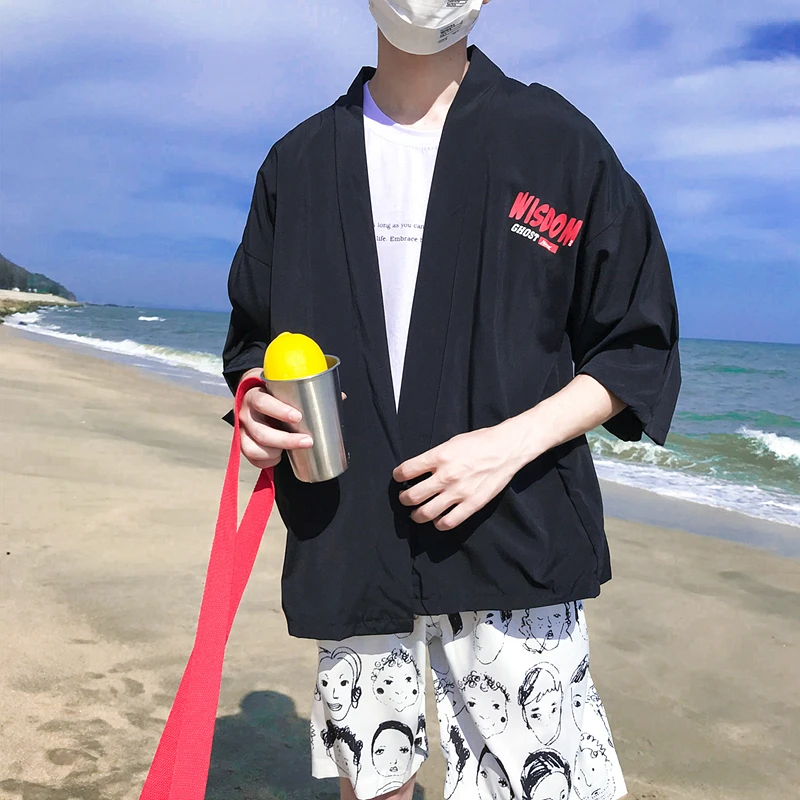 OSCN7 المطبوعة كيمونو سترة قميص الرجال الشارع 2019 كوريا كم الربع الثالث معطف قمصان Harujuku رجل قميص 8836