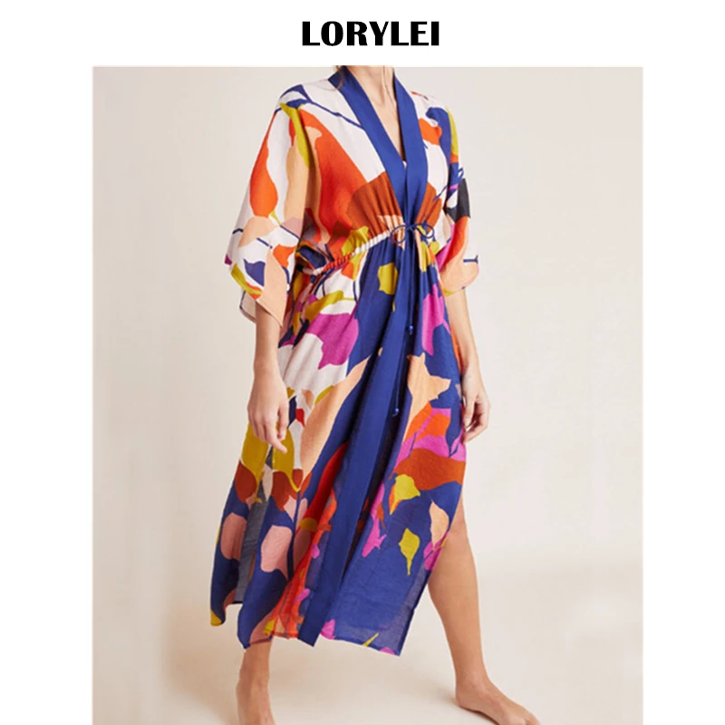 

2019 Bohemian Printed Self Belted Side Split Bikini Wrap Dress Chiffon Tunic Women Summer Beach Cover Up Long Robe de plage N817