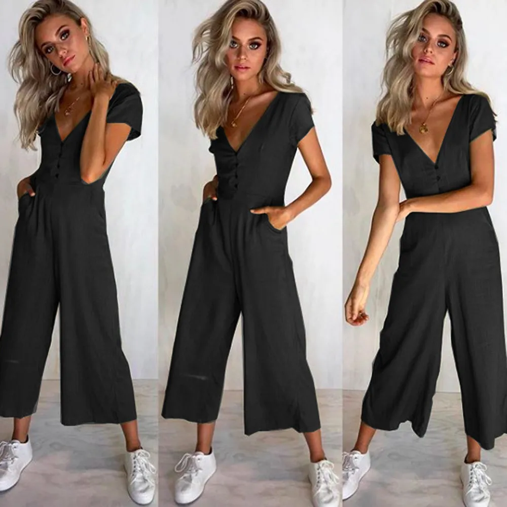 Jumpsuit Summer Women Long V-Neck Short Sleeve Wide Leg Strappy Holiday Long Playsuits Trouser Jumpsuit 2018 Jumpsuit F#J06 (7)