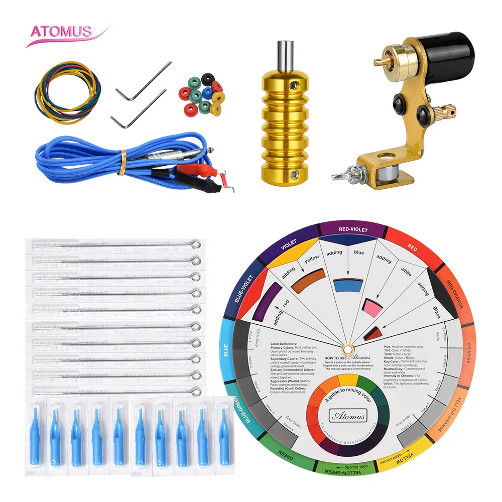 

ATOMUS Tatoo Needles Tattoo Kits Machine Set Tatuajes Kit Tatuaje Maquina Tatuagem Rotary Pen Tatoo Quit Color Wheel Tattoo Tips