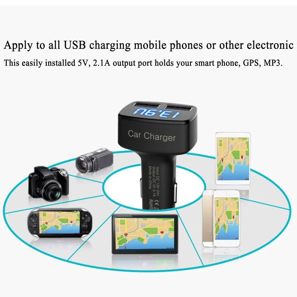 4 в 1 двойное USB Автомобильное зарядное устройство DC 5 В 3.1A универсальное с измерителем напряжения/температуры/тока цифровой светодиодный адаптер