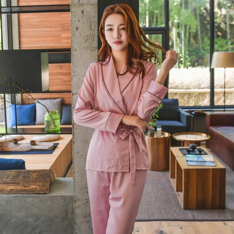 2017 otoño nueva llegada pijama de satén para mujer conjunto de ropa de dormir de manga larga de dos piezas de talla grande con cuello en V pijamas transpirables 4 colores - 1