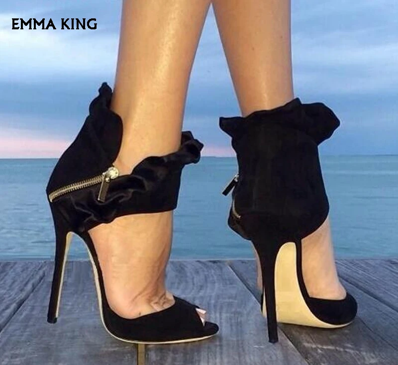 

Fashion Suede Leather Peep Toe Sandals Women Sexy Ankle Ruffles Ladies Shoes Cutout High Heels Zipper Side Female Dress Shoes