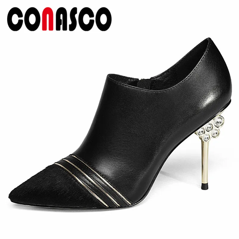 CONASCO Women Rhinestone High Heels Party Wedding Shoes Woman Pointed Toe Zipper Spring Autumn Concise Office Pumps Leather Shoe | Обувь