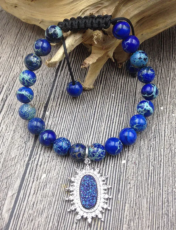 

YA3064 Druzy Charm Blue Sea Sediment Jaspers Beads Stone Cord Knotted Adjustable Bracelet