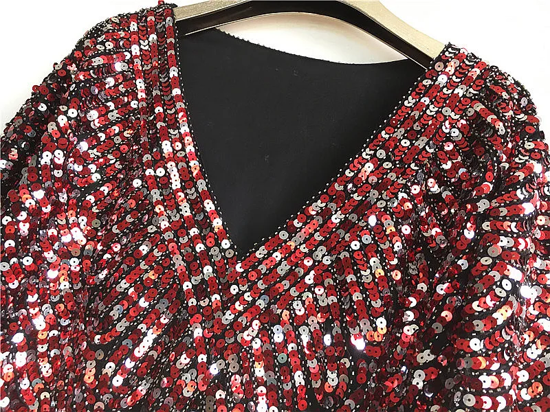 Colors Ruffles Sequined Beading Women Luxury  Fashion V-neck Batwing Sleeve Pullovers Blouse Top 10