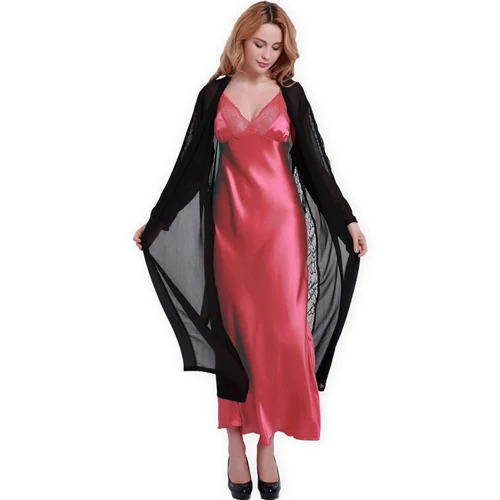 Модные новые шифоновые халаты+ ночные рубашки, женские сексуальные шелковые атласные кружевные пижамы на подтяжках, комплекты халатов, халат, домашняя одежда, 5 цветов - Цвет: wine red