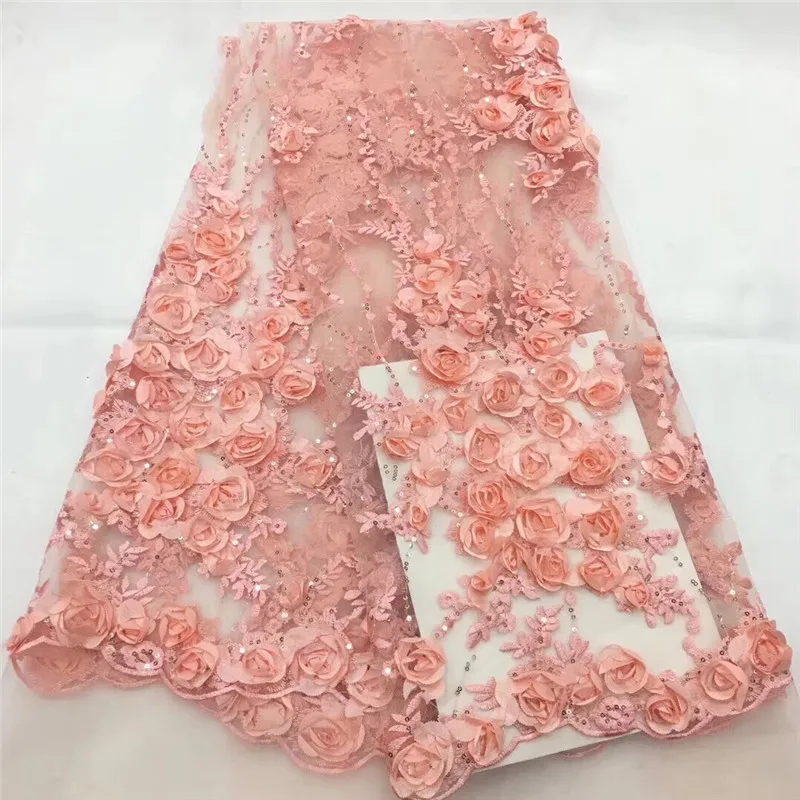 

Peach Embroidery African tulle lace fabric 2019 3d flower mesh lace fabric high quality french laces for party 5 yards CDA109-2