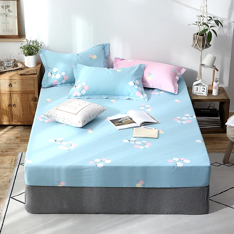 Bed Sheet With Pillowcase Blue Flower Printed 3Pcs Bed Linen Queen Size Mattress Covers Fitted Sheet Sets With Elastic For King