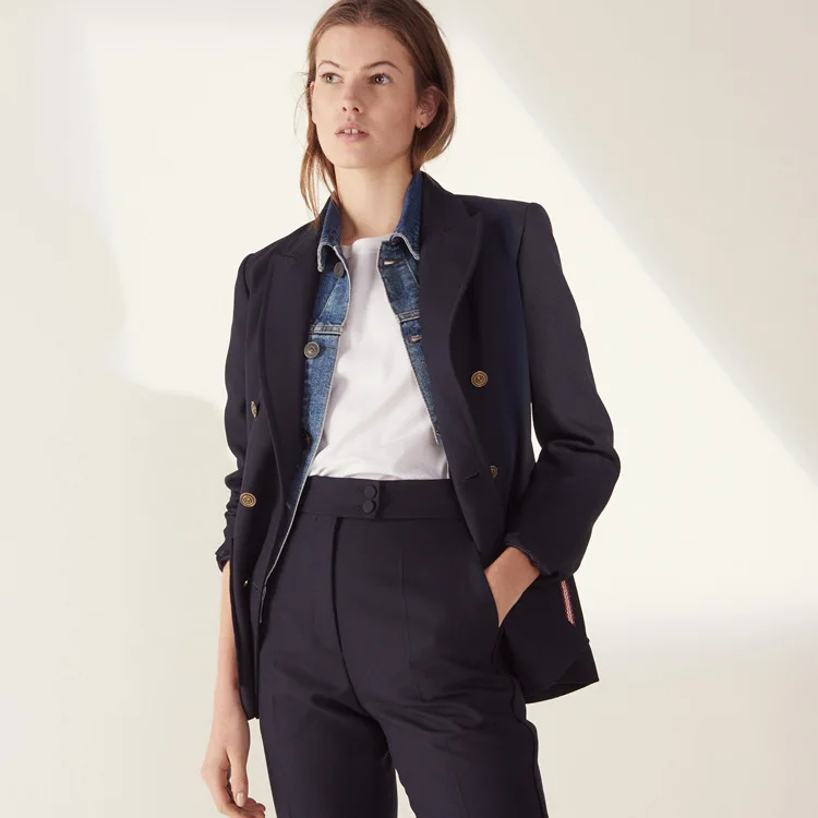 2019 Spring and Summer European and American New Navy Suit Double Breasted OL Commuter Leisure Suit Jacket Clothes Women Suit
