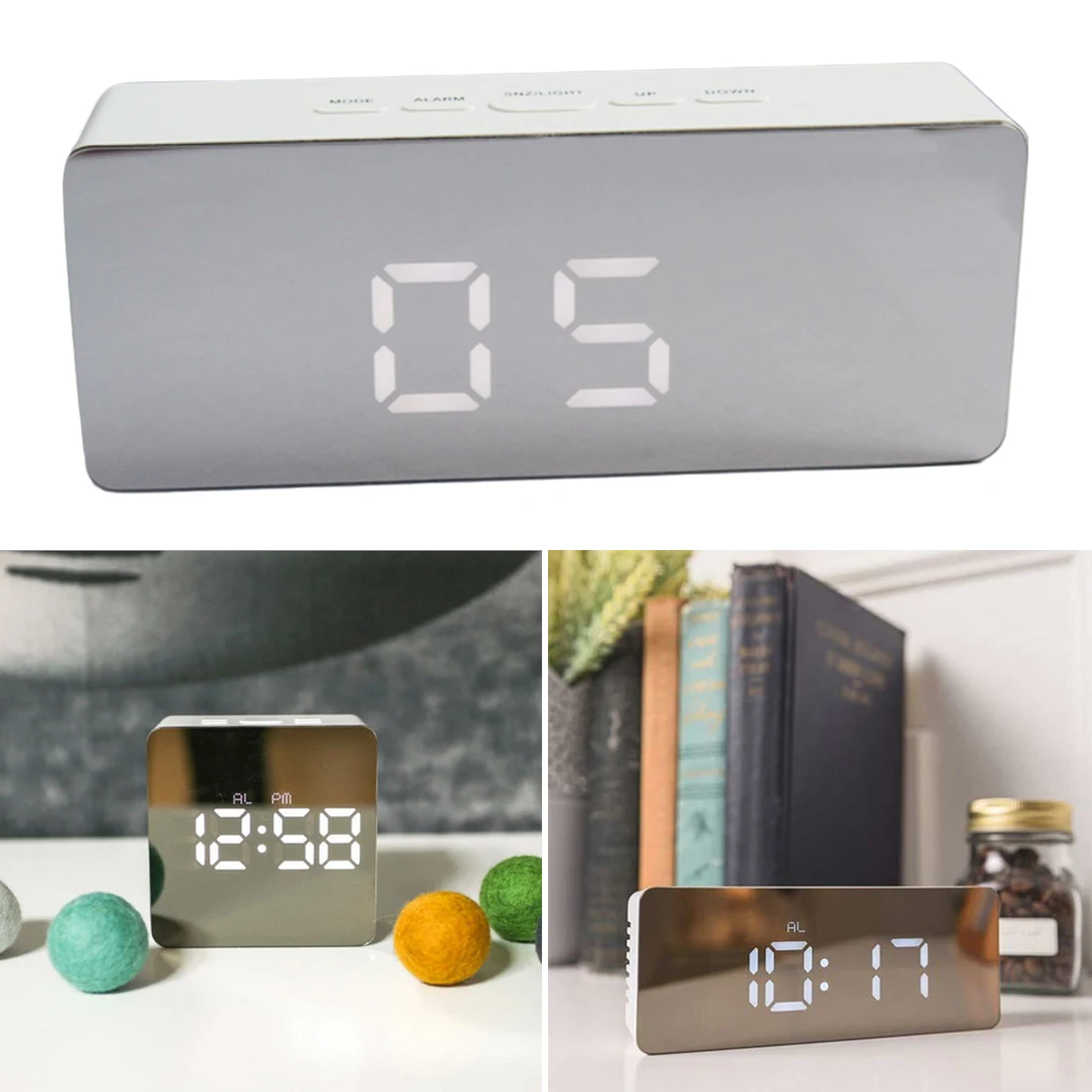  Square Rectangle Digital Mirror LED Alarm Clock Night Lights Thermometer Wall Clock Wake Up Lamp Mu