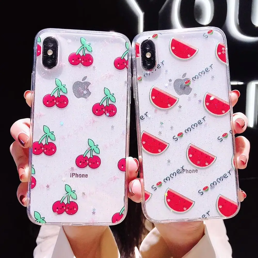 

summer Transparent Glitter Fruit Phone Case For iPhone X Xs Max XR 8 7 Simple Soft Cover For iPhone 8 7 6 6S Plus watermelon