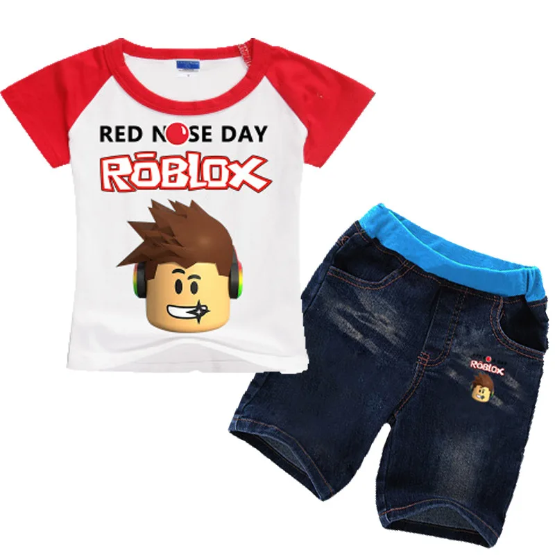 

Cotton Cotton ROBLOX RED NOSE DAY t-shirt + Jeans Pants Kids outfits vetement garcon Boys Summer Clothing Set