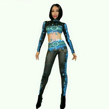 

Jumpsuits Women Sexy Printing DJ Stage Performance Wear Fitness Clothes With Rhinestones 2018 Bodysuit For Women Leotards DJ259