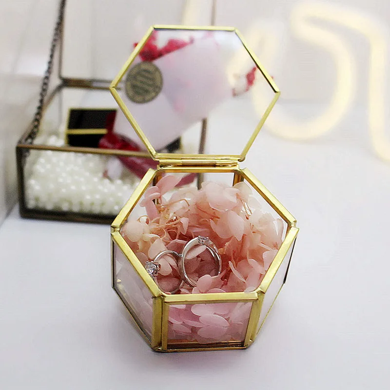 

Glass Geometry Container Ring Box Makeup Organizer Jewelry Storage Box Everlasting Flower Micro Landscape Glass Cover