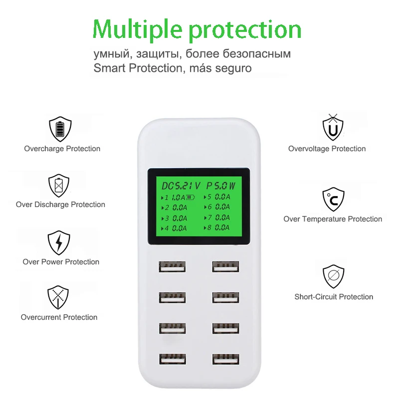 Leebote 8 ميناء شاحن يو اس بي 40 W محول الطاقة سطح المكتب USB شحن محطة مع شاشة الكريستال السائل للهاتف المحمول و اللوحي