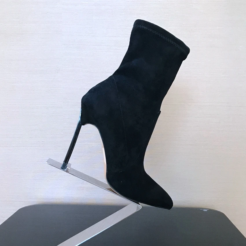 Женские ботинки на высоком каблуке 10,5 см; ботильоны из искусственной замши; женские ботинки с острым носком; зимняя обувь; женская кожаная обувь на высоком каблуке
