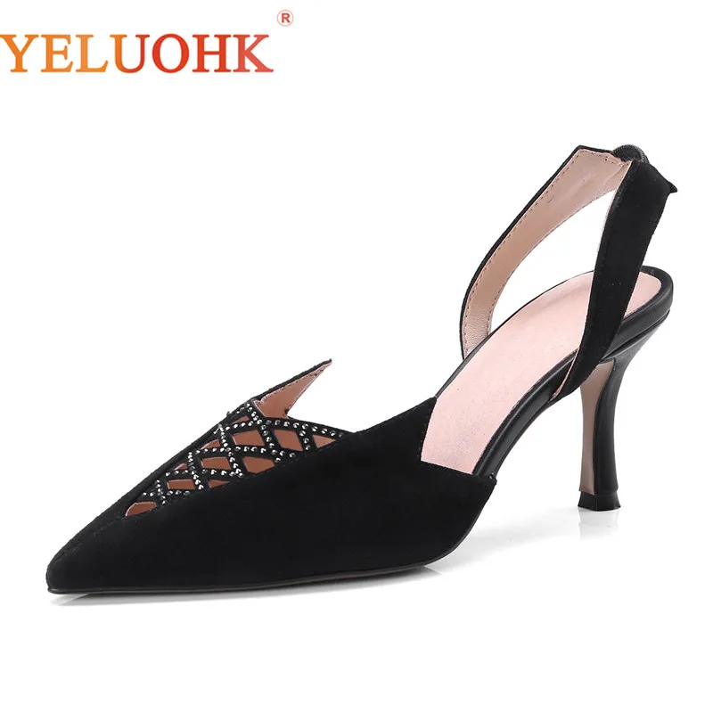 

Natural Suede Women Summer Shoes High Quality High Heels 2018 Women Pumps 8 CM Slingbacks Shoes Women Heels