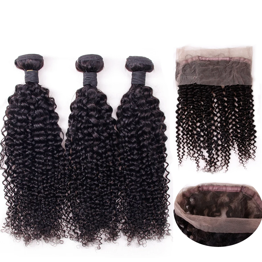 

Clover Leaf Kinky Curly Hair Weave 3 Bundles With 360 Lace Frontal Natural Color human hair extensions for salon