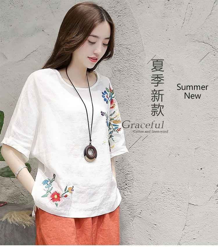 Этническая Хлопковая женская блузка с цветочной вышивкой, свободные летние топы с рукавом летучая мышь, Винтажные белые футболки с круглым вырезом, женская одежда