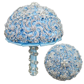 

Luxury Silver Crystal Rhinestone Brooches Wedding Bouquet DIA 18CM Bride Holding Flowers Artificial Flowers Blue Satin Roses