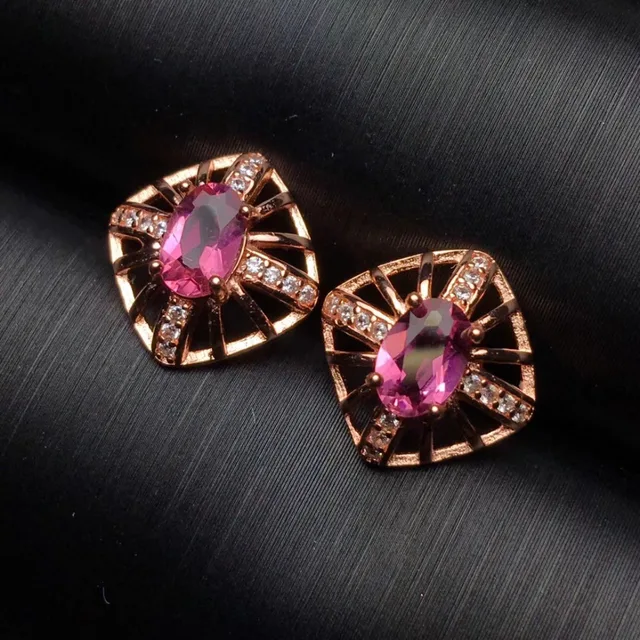 Natural Red Tourmaline Stud Earrings S925 Silver Gemstone Natural Red Tourmaline Stud Earrings S925 Silver Gemstone Cute Square Hollowing Women Party