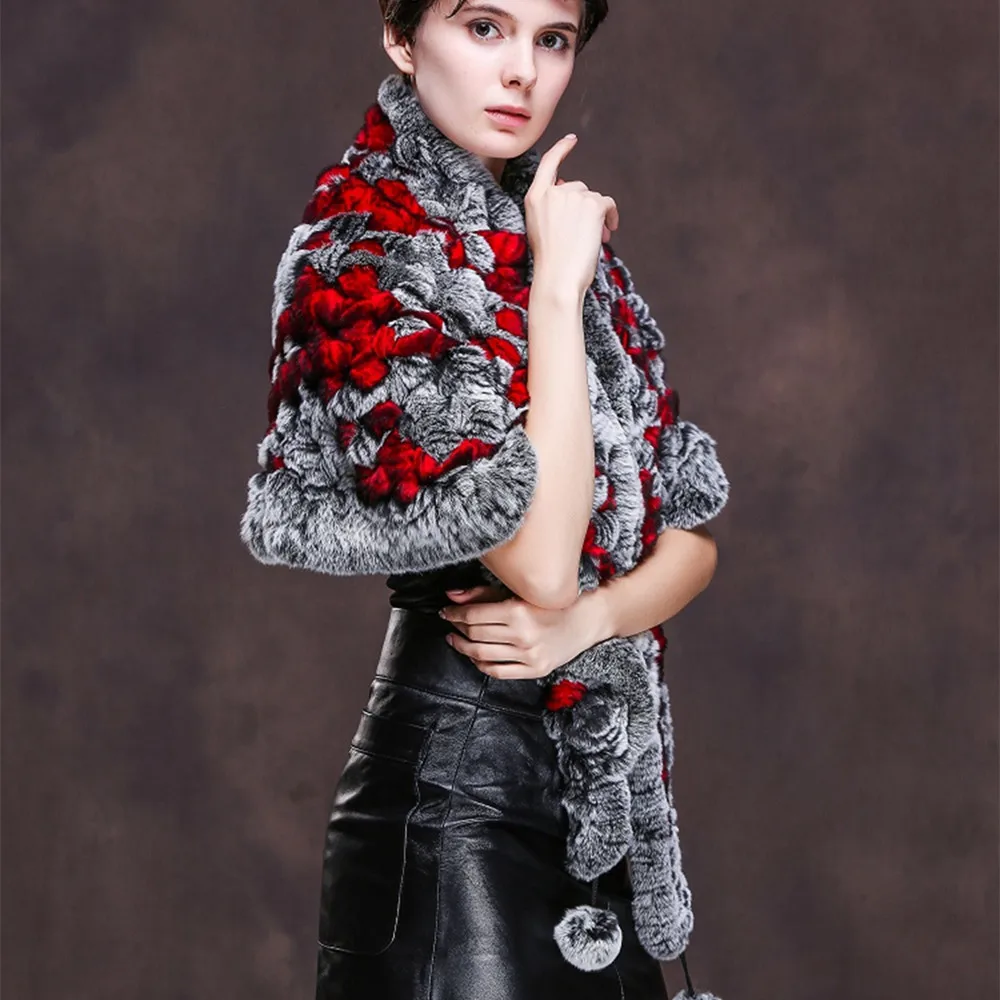 

ZY87014 2017 New Arrived Women Rex Rabbit Fur Cloak Real Fur Scarf With 2 Pompon Warm Fur Shawl Waistcoat Winter Coat