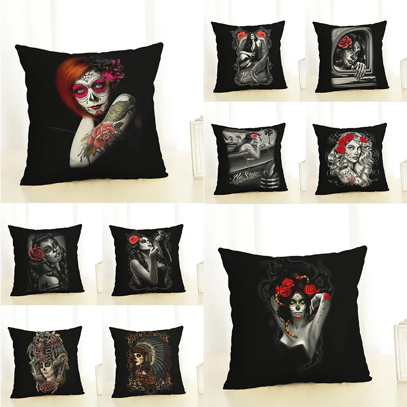 Terrorible Zara*Women Printed Flowers Cushion Cover 45x45cm Linen Black And White People Throw Pillow Covers Tattoo Woman Pillow
