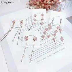 Qingwen 2019 Новые Элегантные розовые серьги с цветами, длинные серьги для женщин, модные серьги с искусственным жемчугом и кисточками CE0927