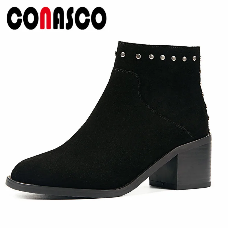 

CONASCO Fashion New Rivets Ankle Boots Side Zipper Autumn Winter Short Warm Shoes Woman High Heels Party Club Pumps Basic Boots