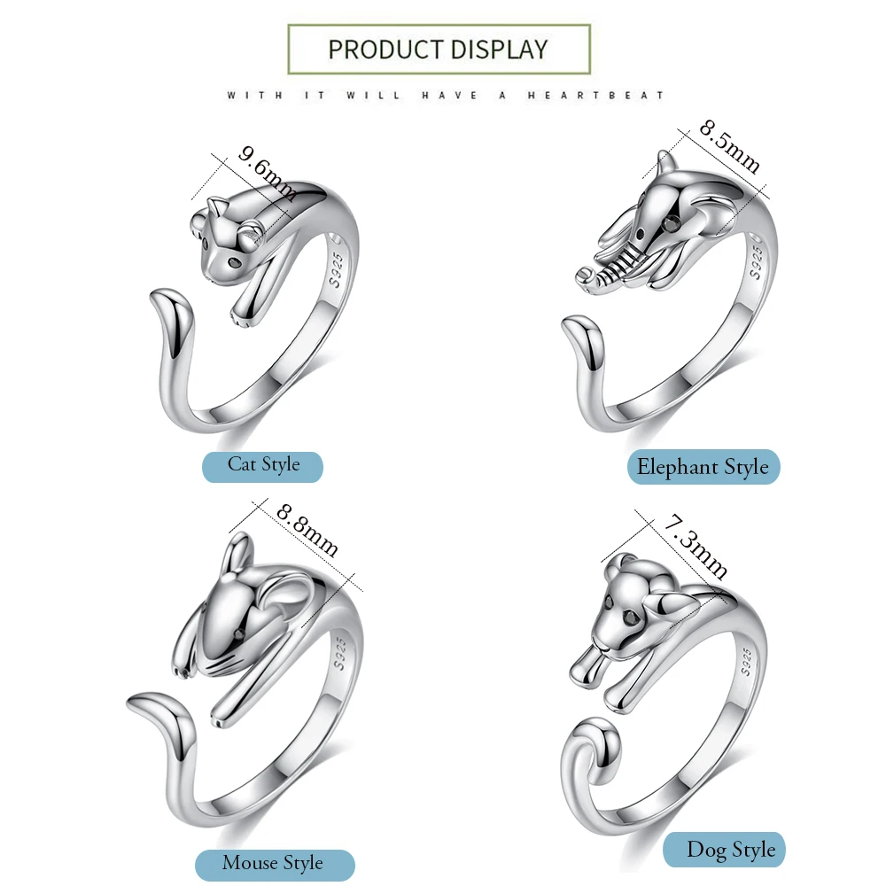 Kaletine модные 925 пробы серебряные кольца для женщин милый хвост Регулируемый Французский бульдог/кошка/мышь/слон кольцо Tiffan ювелирные изделия