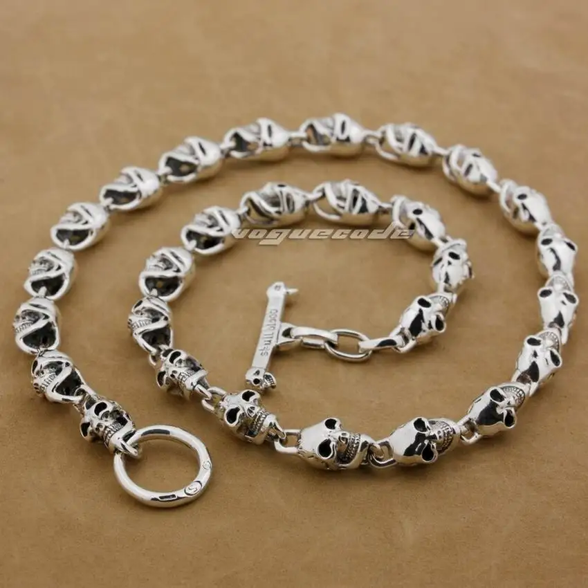 18" to 36" 925 Sterling Silver Skulls Mens Biker Rocker Punk Necklace