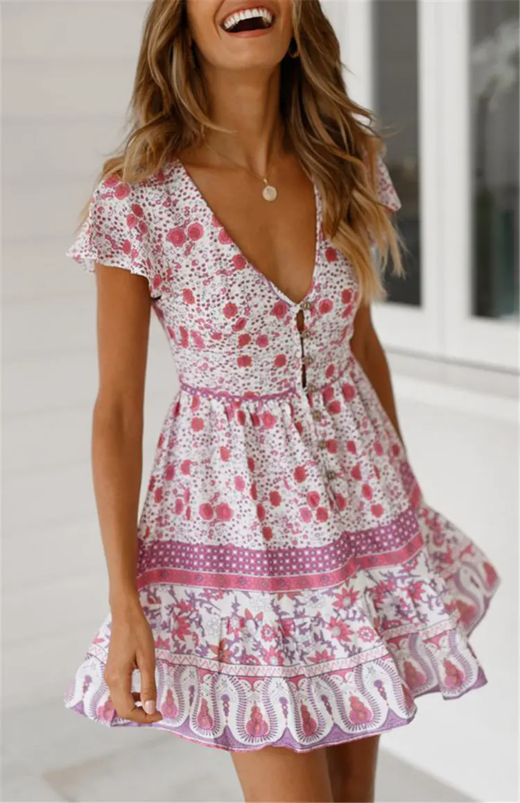 Gladiolus Fashion Summer Women Dress Short Sleeve Button Deep V Neck Sexy Floral Print Mini Boho Dress 2019 Ladies Beach Dresses (26)