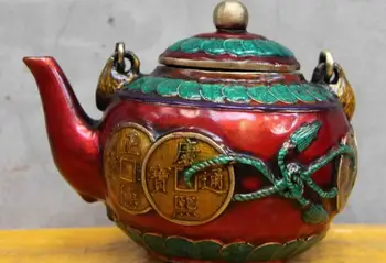 Chinese Folk Copper Bronze Painted Lcuky Cion Wealth Teapot Flagon wine pot Chinese Folk Copper Bronze Painted Lcuky Cion Wealth Teapot Flagon wine pot