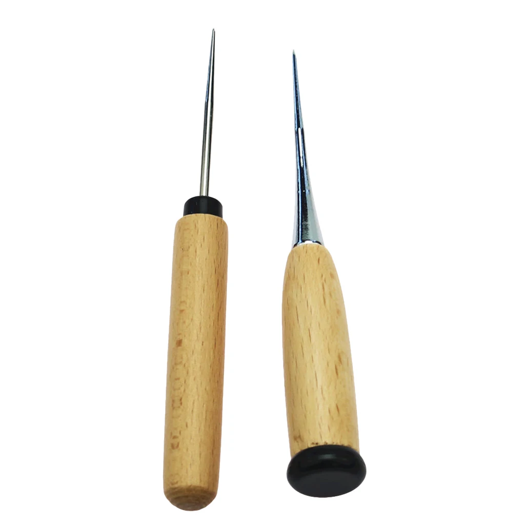 fityle 2Pcs Wooden Handle Leather Craft Awl Sewing Punching Hole Pin Stitching Tool