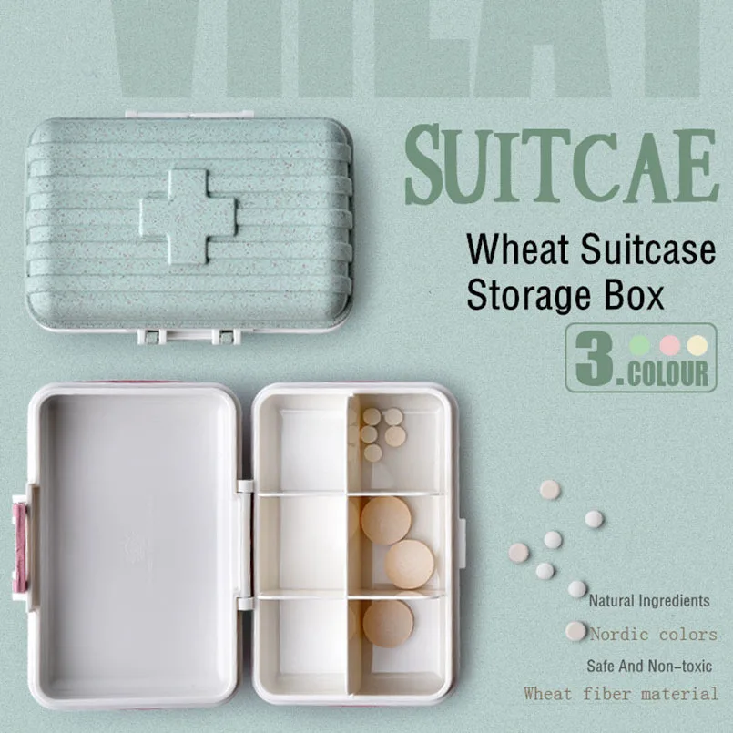 

New Storage Boxes Bins Portable Small Pill Box Wheat Mini Suitcase Medicine Storage Box Flip Multi-grid Finishing Box Pills Case