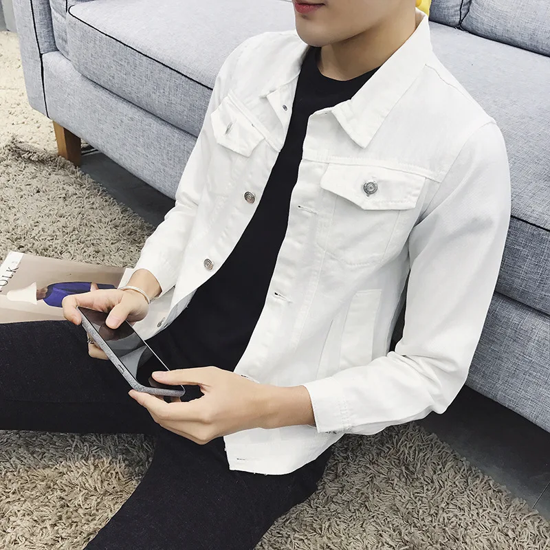 

Fashion 2017 Spring Autumn Casual Single Breasted Teenagers Stretch Slim Fit white/red/Green /Black Denim Cowboy jacket Men